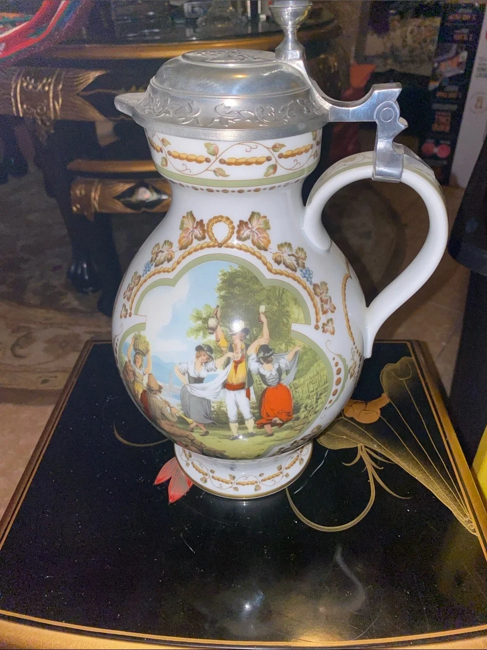 Franklin Mint 1984 German Porcelain Wine Stein Pitcher with Pewter Lid - Rare